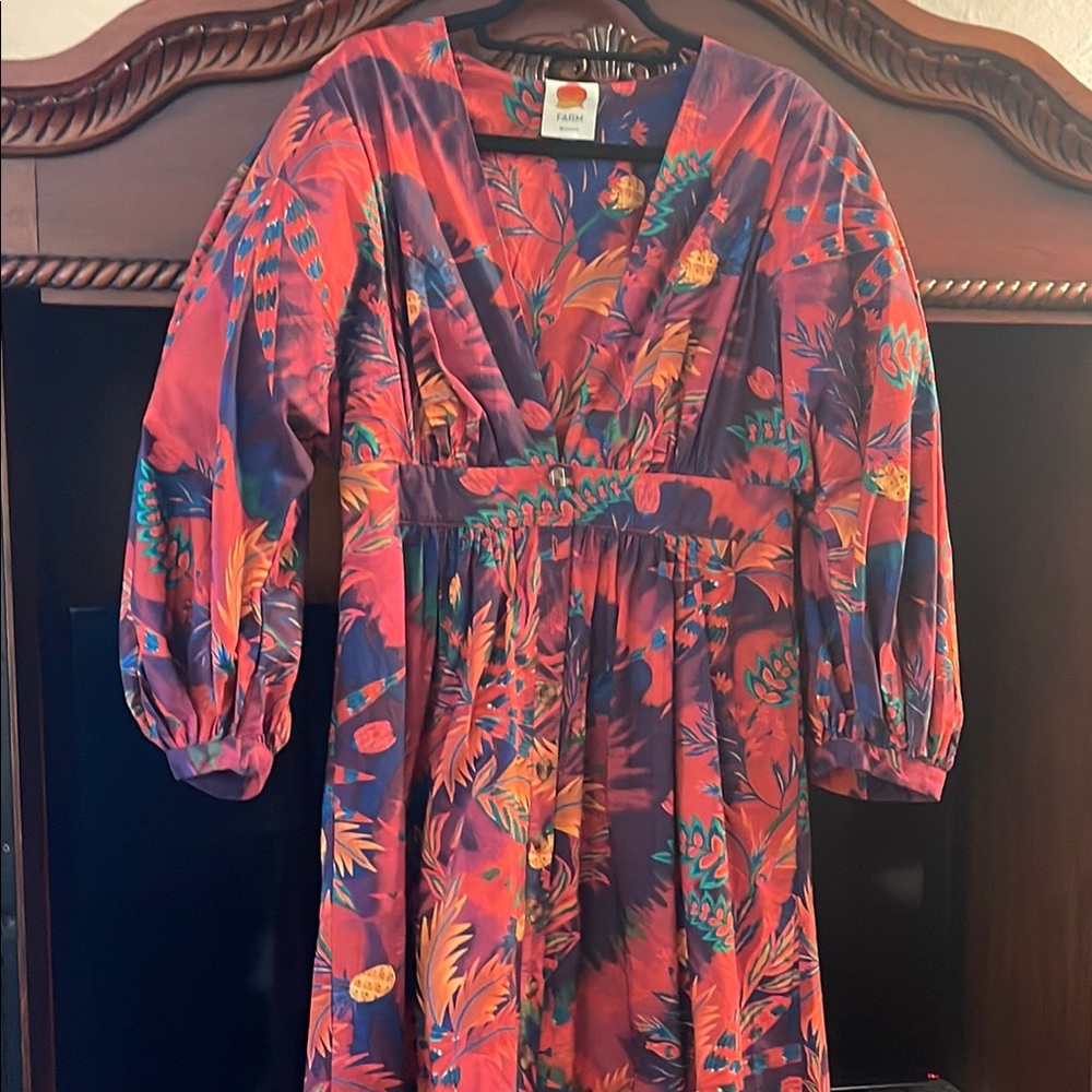 FARM Rio Red and Blue A-line Dress with 3/4 Bishop Sleeves for Casual Wear